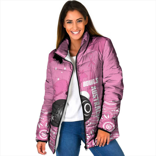 Custom Bowls Australia Breast Cancer Padded Jacket Pink Ribbon Kangaroo Aboriginal Art - Aussie Hoodie