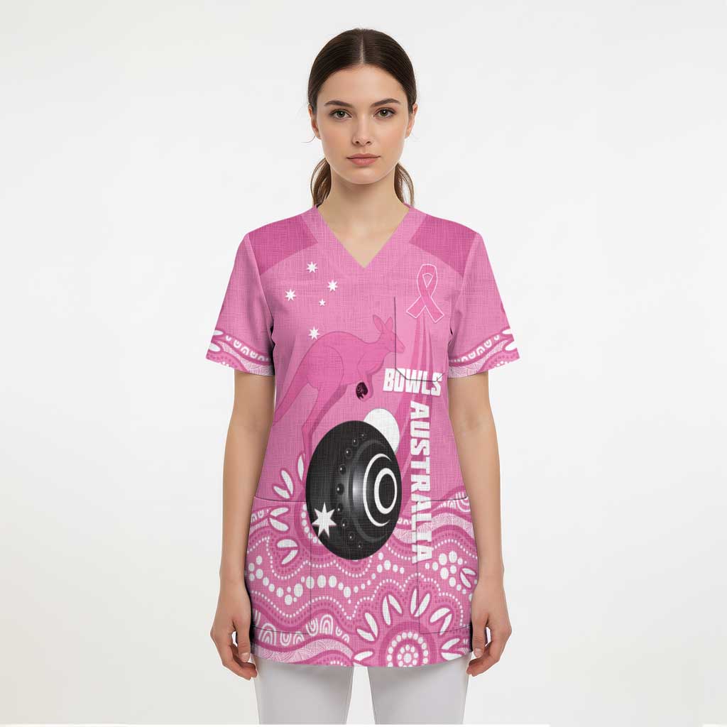 Custom Bowls Australia Breast Cancer Scrub Top Pink Ribbon Kangaroo Aboriginal Art - Aussie Hoodie