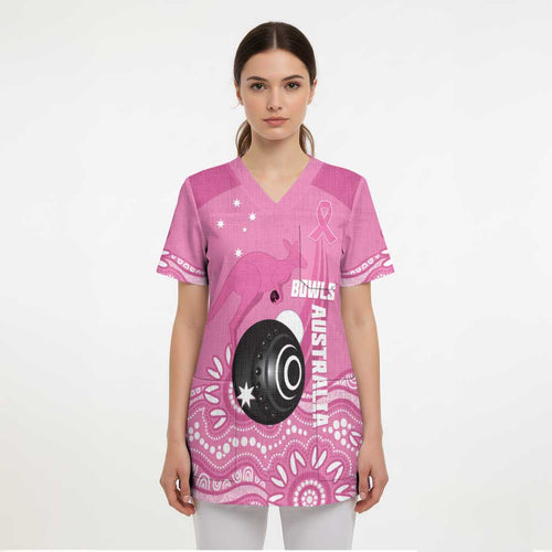 Custom Bowls Australia Breast Cancer Scrub Top Pink Ribbon Kangaroo Aboriginal Art - Aussie Hoodie