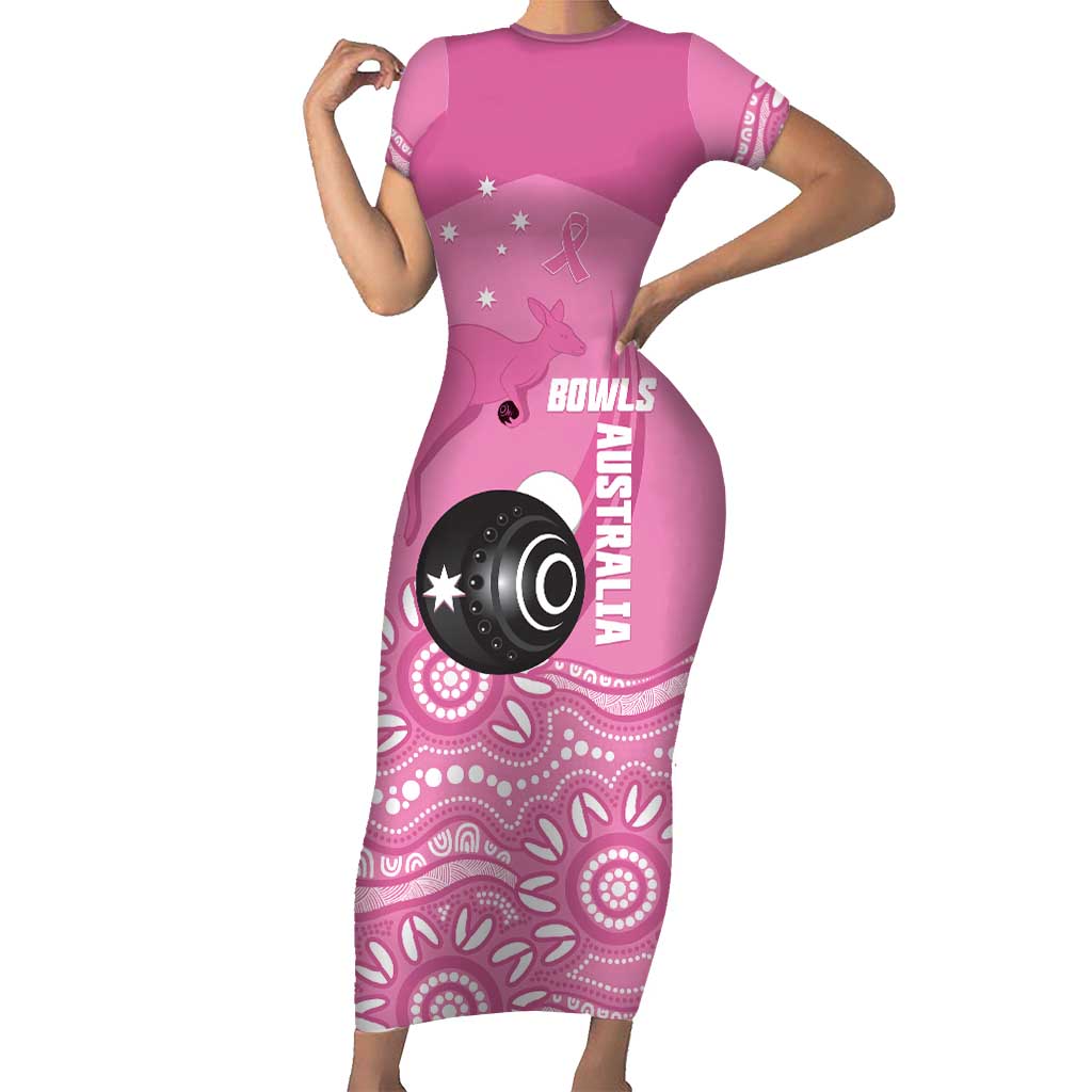 Custom Bowls Australia Breast Cancer Short Sleeve Bodycon Dress Pink Ribbon Kangaroo Aboriginal Art - Aussie Hoodie