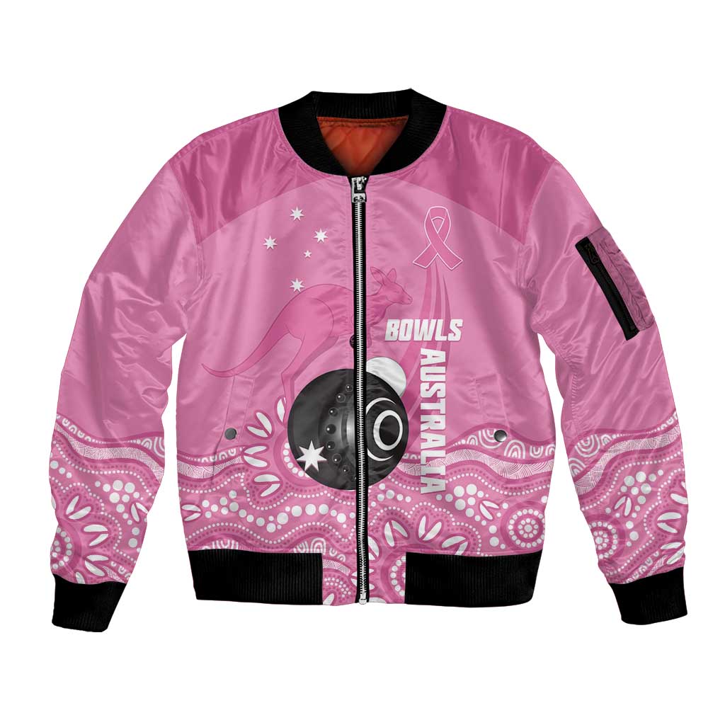 Custom Bowls Australia Breast Cancer Sleeve Zip Bomber Jacket Pink Ribbon Kangaroo Aboriginal Art - Aussie Hoodie
