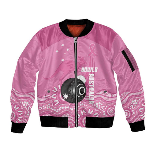 Custom Bowls Australia Breast Cancer Sleeve Zip Bomber Jacket Pink Ribbon Kangaroo Aboriginal Art - Aussie Hoodie