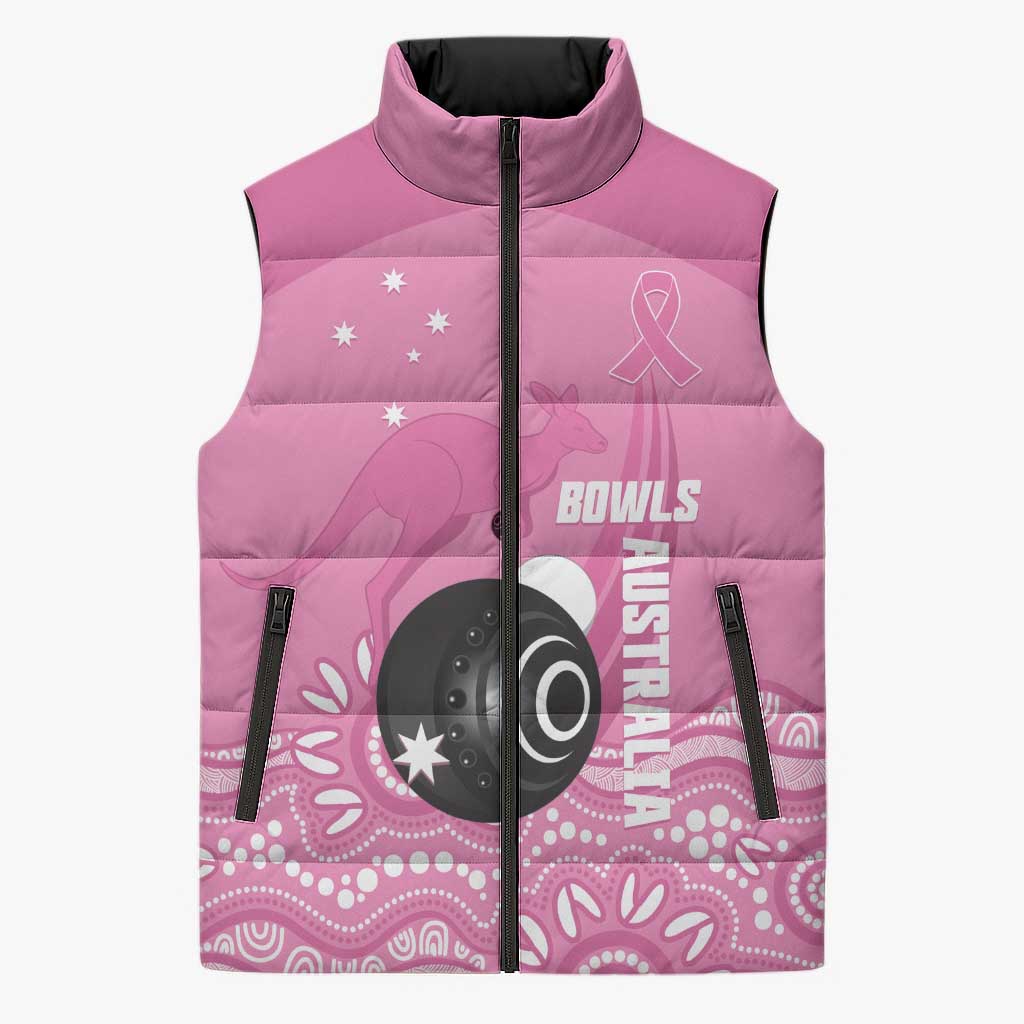 Custom Bowls Australia Breast Cancer Sleeveless Puffer Jacket Pink Ribbon Kangaroo Aboriginal Art - Aussie Hoodie