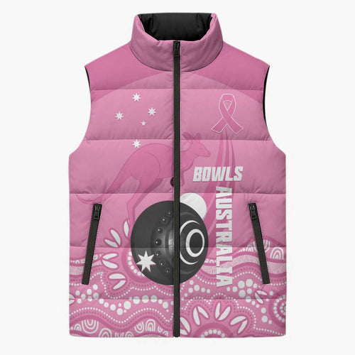 Custom Bowls Australia Breast Cancer Sleeveless Puffer Jacket Pink Ribbon Kangaroo Aboriginal Art - Aussie Hoodie
