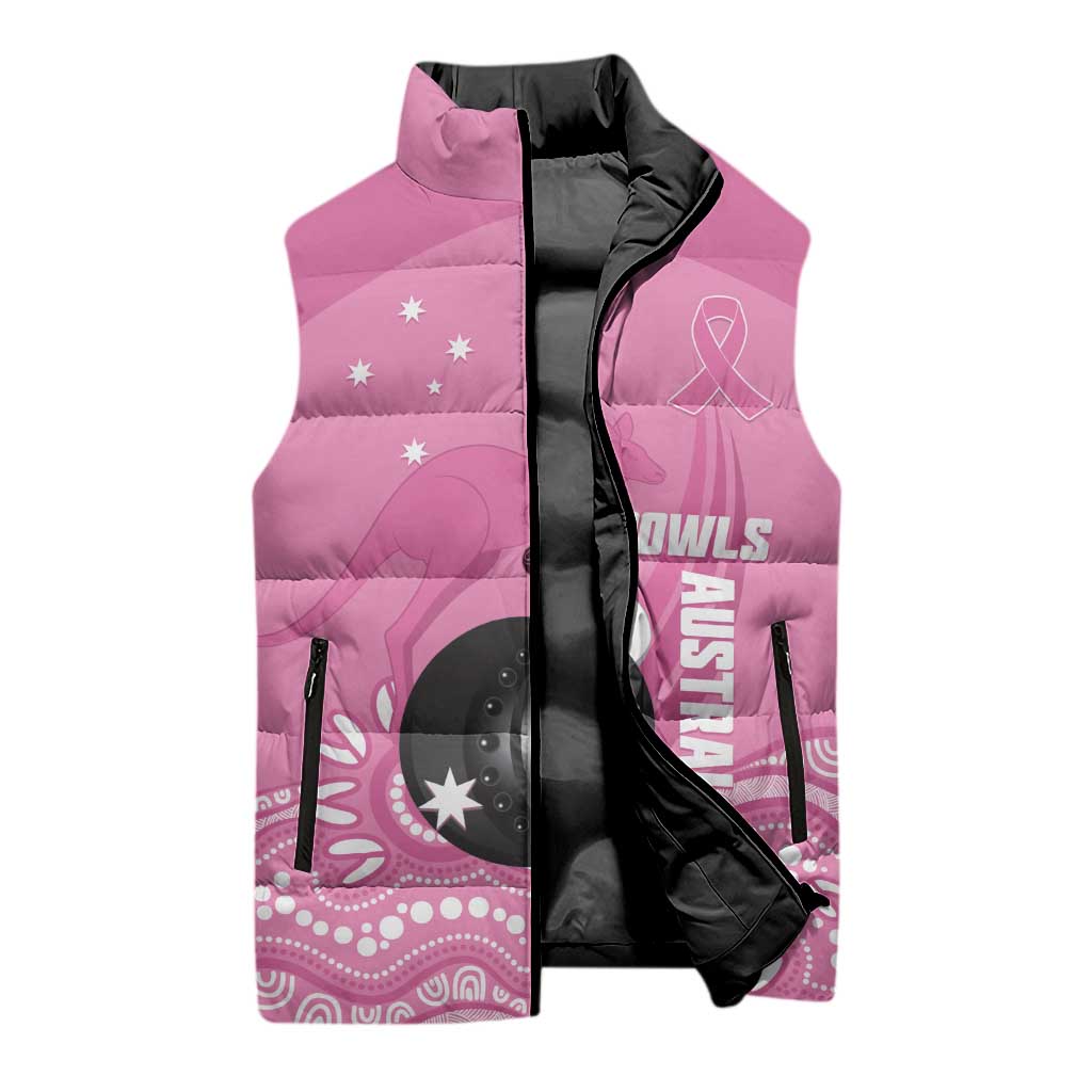 Custom Bowls Australia Breast Cancer Sleeveless Puffer Jacket Pink Ribbon Kangaroo Aboriginal Art - Aussie Hoodie