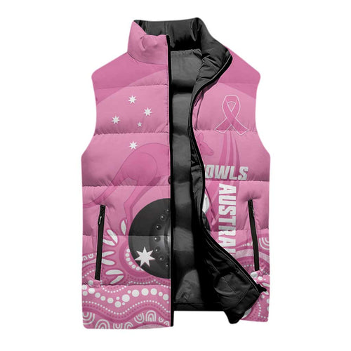 Custom Bowls Australia Breast Cancer Sleeveless Puffer Jacket Pink Ribbon Kangaroo Aboriginal Art - Aussie Hoodie