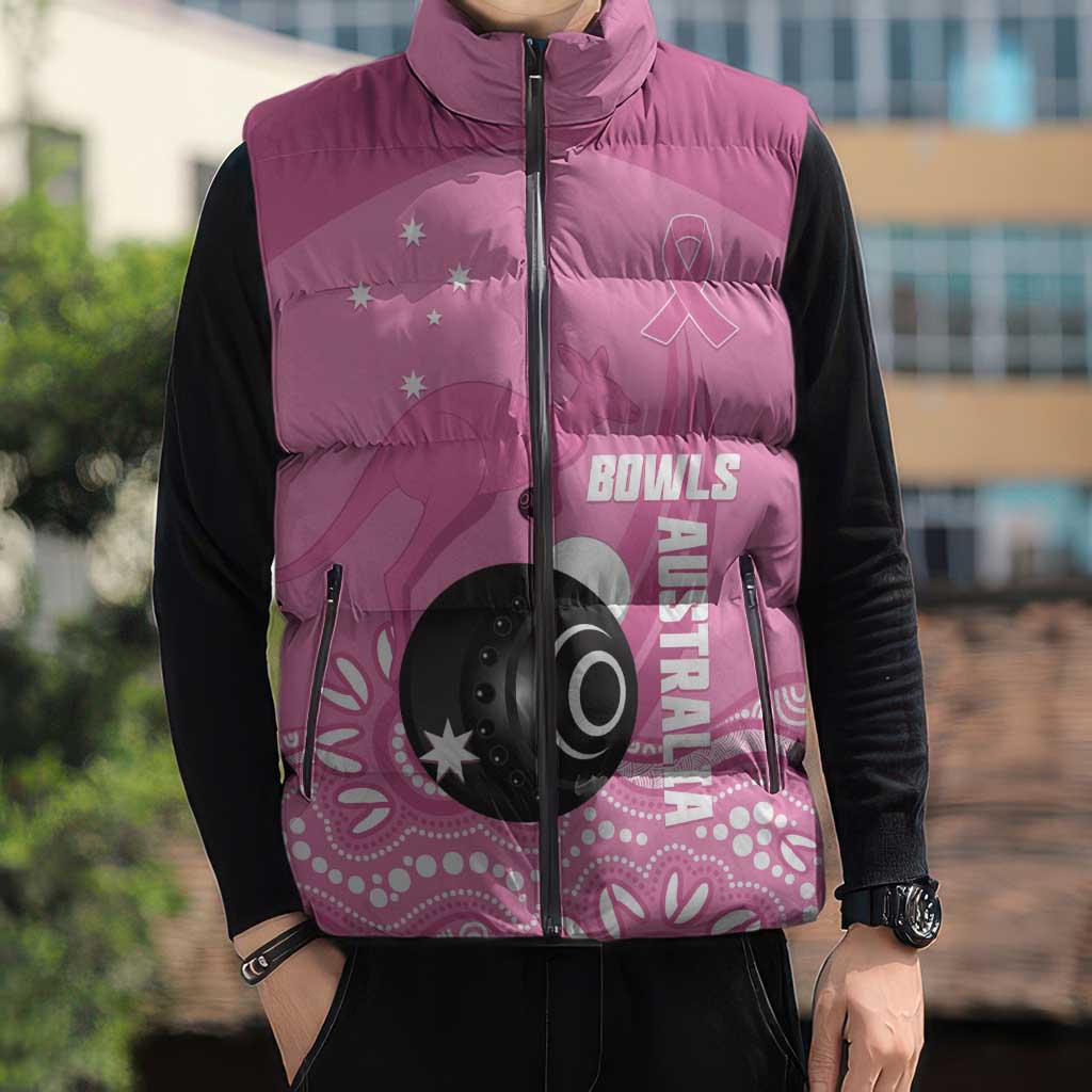 Custom Bowls Australia Breast Cancer Sleeveless Puffer Jacket Pink Ribbon Kangaroo Aboriginal Art - Aussie Hoodie