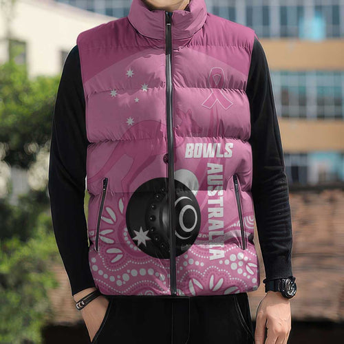 Custom Bowls Australia Breast Cancer Sleeveless Puffer Jacket Pink Ribbon Kangaroo Aboriginal Art - Aussie Hoodie