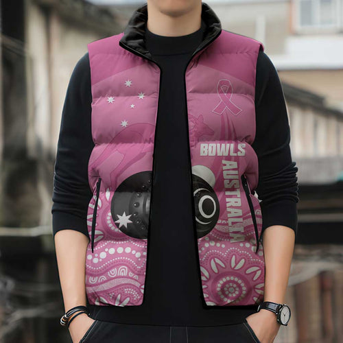 Custom Bowls Australia Breast Cancer Sleeveless Puffer Jacket Pink Ribbon Kangaroo Aboriginal Art - Aussie Hoodie