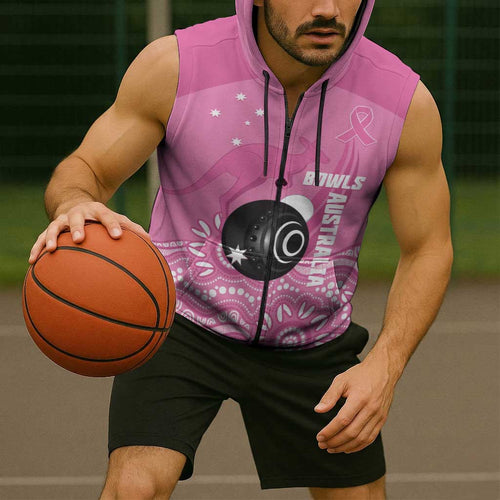 Custom Bowls Australia Breast Cancer Sleeveless Zip Hoodie Pink Ribbon Kangaroo Aboriginal Art LT14