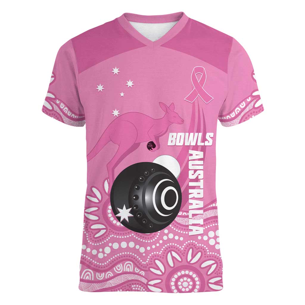 Custom Bowls Australia Breast Cancer Women V-Neck T-Shirt Pink Ribbon Kangaroo Aboriginal Art - Aussie Hoodie