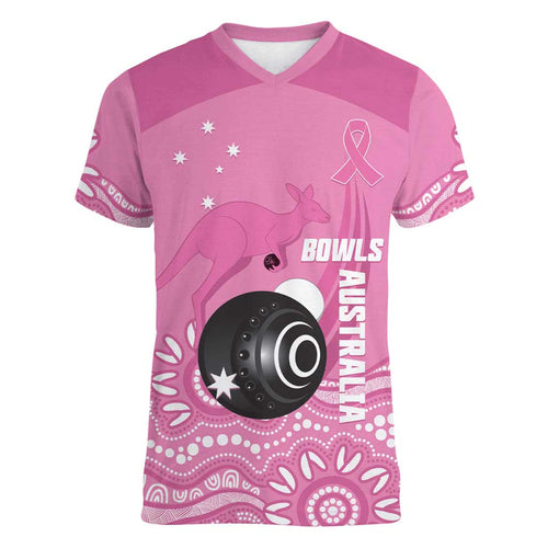 Custom Bowls Australia Breast Cancer Women V-Neck T-Shirt Pink Ribbon Kangaroo Aboriginal Art - Aussie Hoodie