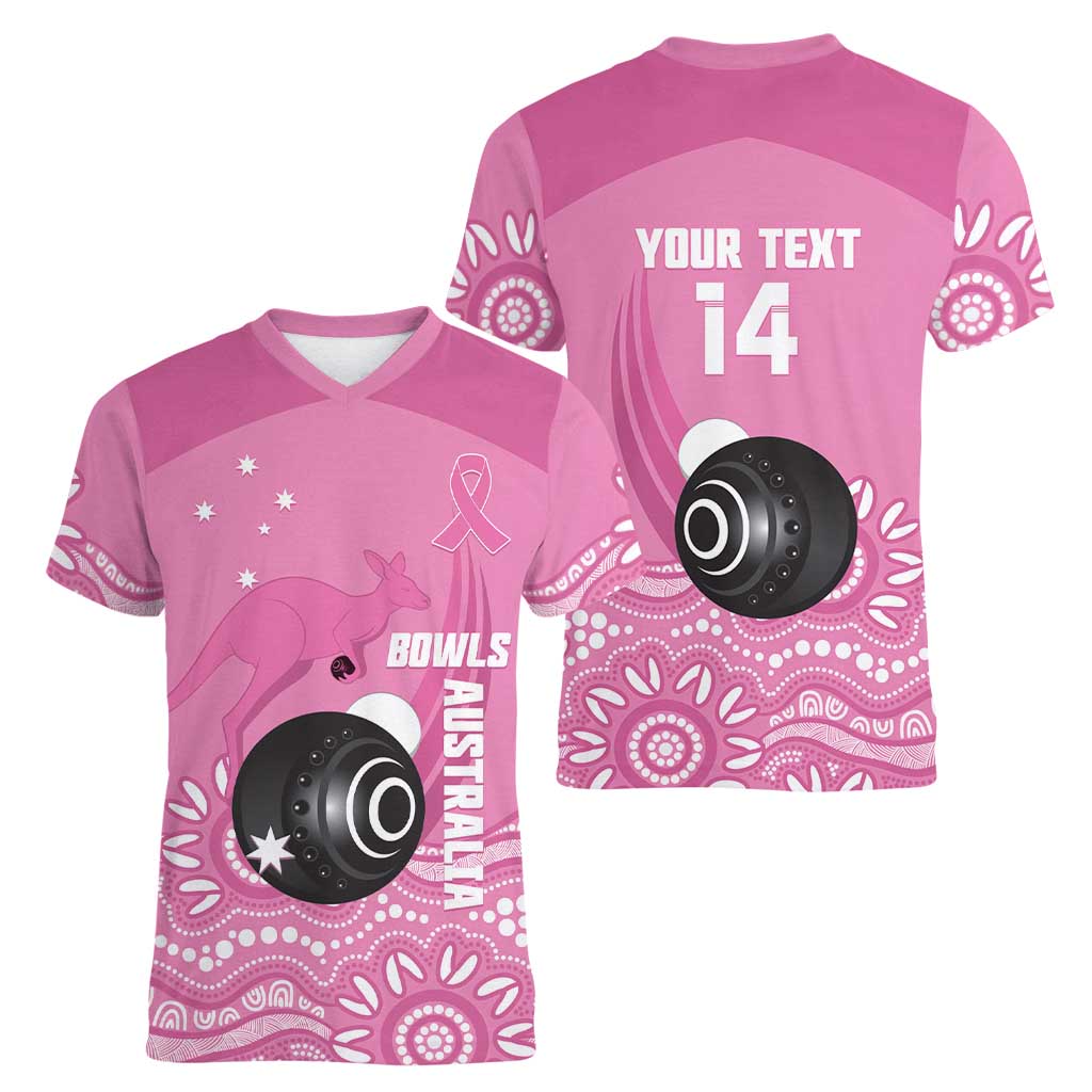 Custom Bowls Australia Breast Cancer Women V-Neck T-Shirt Pink Ribbon Kangaroo Aboriginal Art - Aussie Hoodie