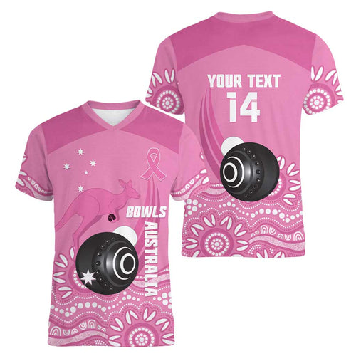 Custom Bowls Australia Breast Cancer Women V-Neck T-Shirt Pink Ribbon Kangaroo Aboriginal Art - Aussie Hoodie