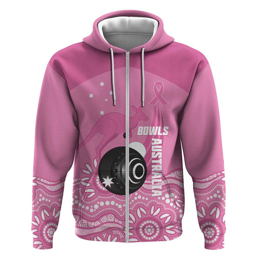 Custom Bowls Australia Breast Cancer Zip Hoodie Pink Ribbon Kangaroo Aboriginal Art - Aussie Hoodie