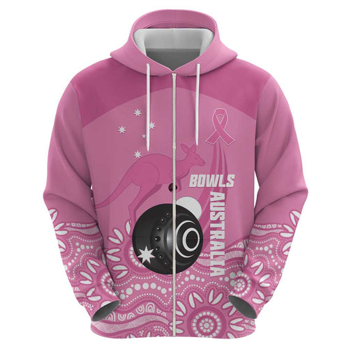 Custom Bowls Australia Breast Cancer Zip Hoodie Pink Ribbon Kangaroo Aboriginal Art - Aussie Hoodie