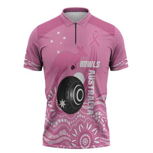 Custom Bowls Australia Breast Cancer Zipper Polo Shirt Pink Ribbon Kangaroo Aboriginal Art - Aussie Hoodie