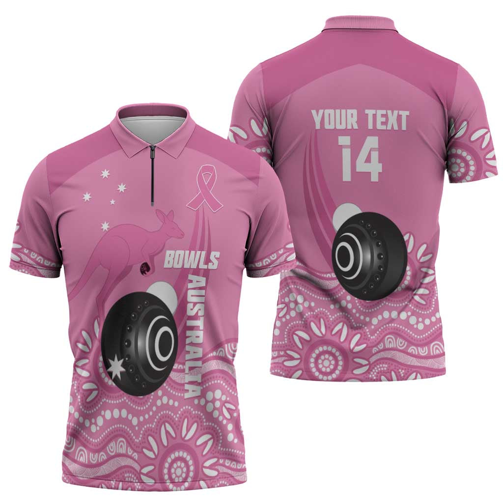Custom Bowls Australia Breast Cancer Zipper Polo Shirt Pink Ribbon Kangaroo Aboriginal Art - Aussie Hoodie