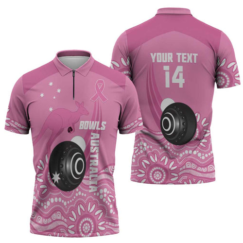 Custom Bowls Australia Breast Cancer Zipper Polo Shirt Pink Ribbon Kangaroo Aboriginal Art - Aussie Hoodie