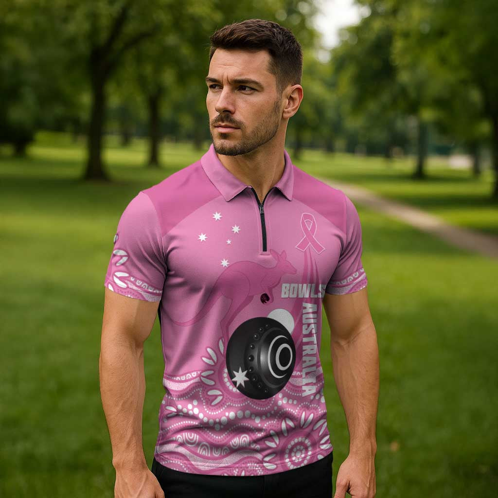 Custom Bowls Australia Breast Cancer Zipper Polo Shirt Pink Ribbon Kangaroo Aboriginal Art - Aussie Hoodie