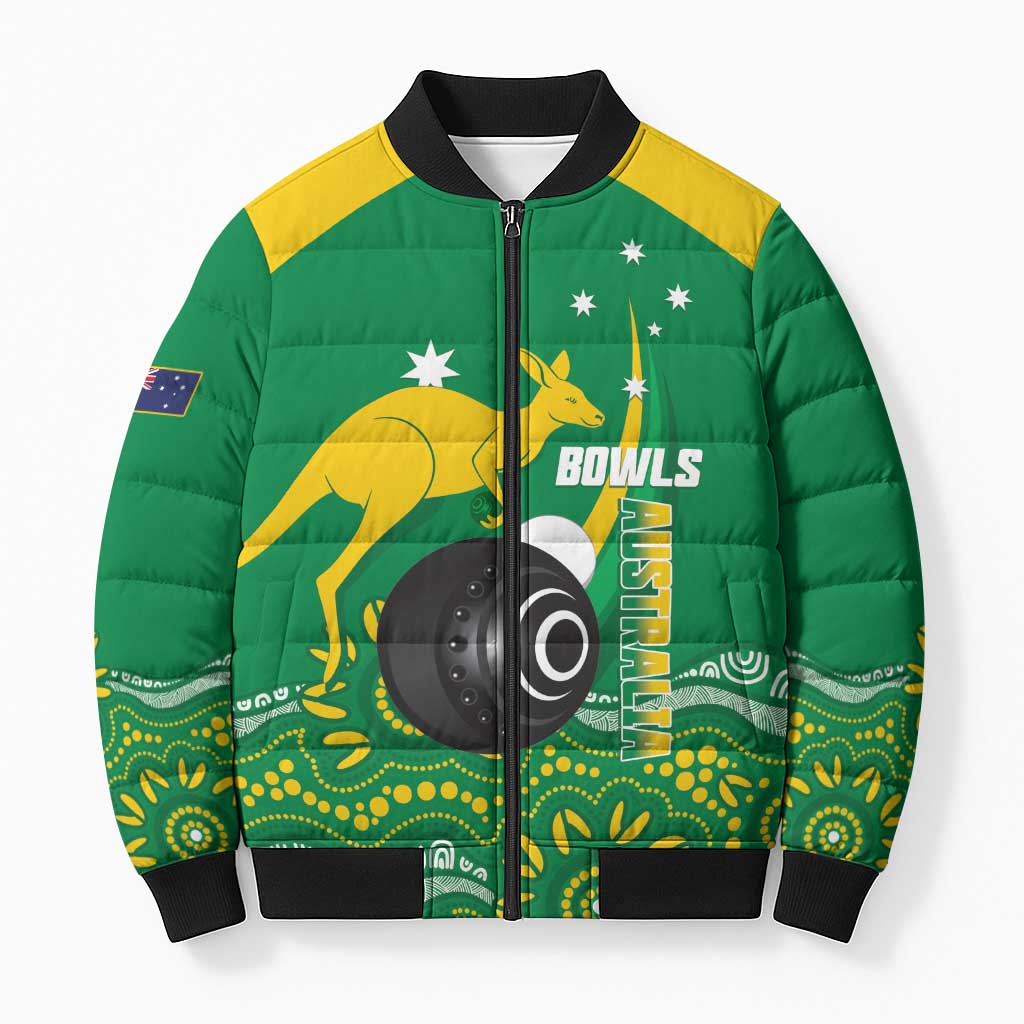 Custom Bowls Australia Bomber Puffer Jacket Aussie Kangaroo Aboriginal Art - Aussie Hoodie