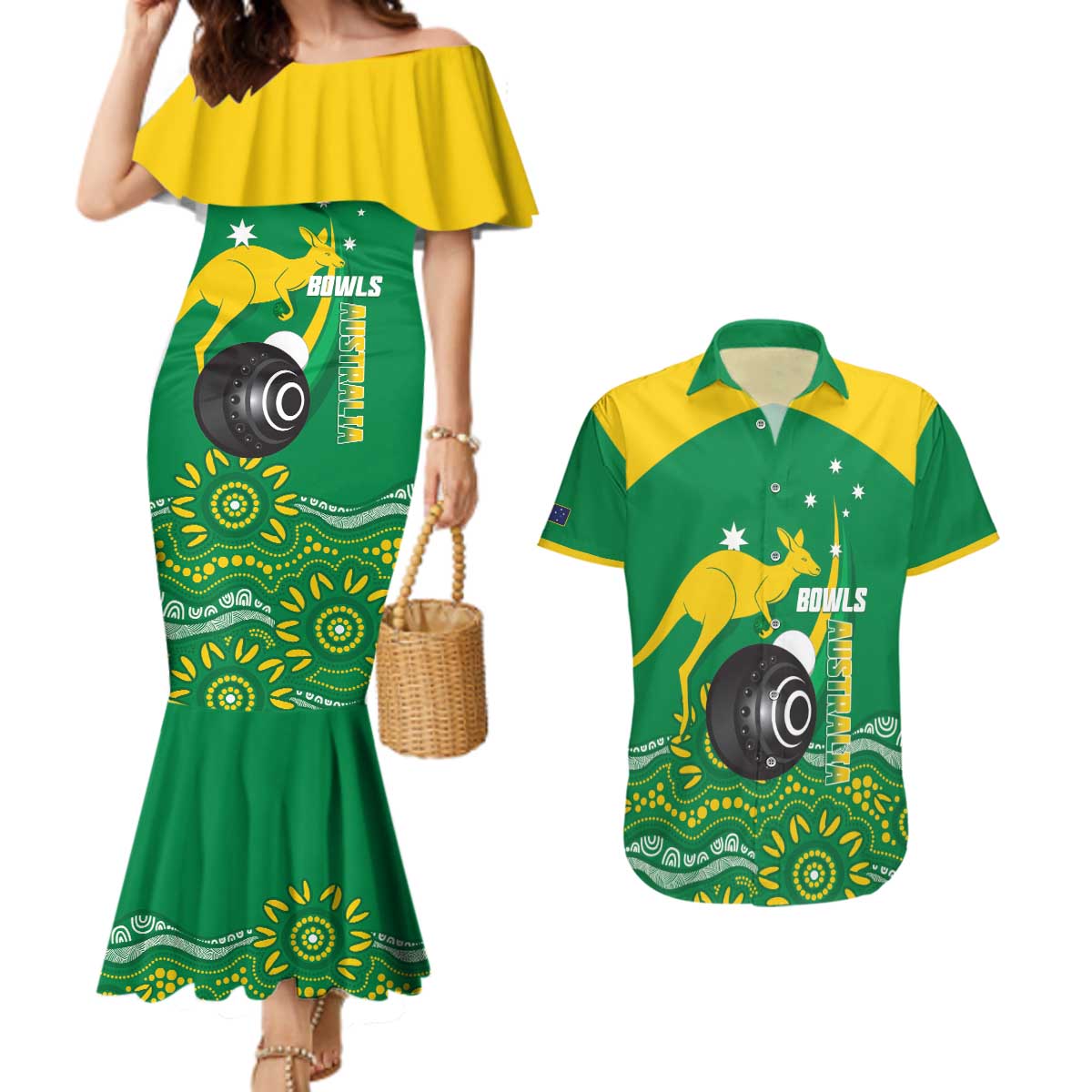 Custom Bowls Australia Couples Matching Mermaid Dress and Hawaiian Shirt Aussie Kangaroo Aboriginal Art - Aussie Hoodie