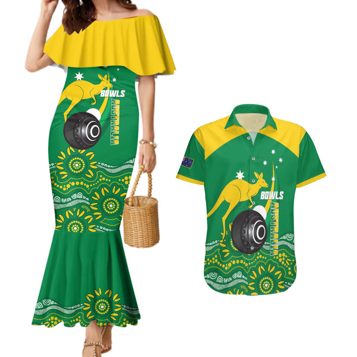 Custom Bowls Australia Couples Matching Mermaid Dress and Hawaiian Shirt Aussie Kangaroo Aboriginal Art - Aussie Hoodie