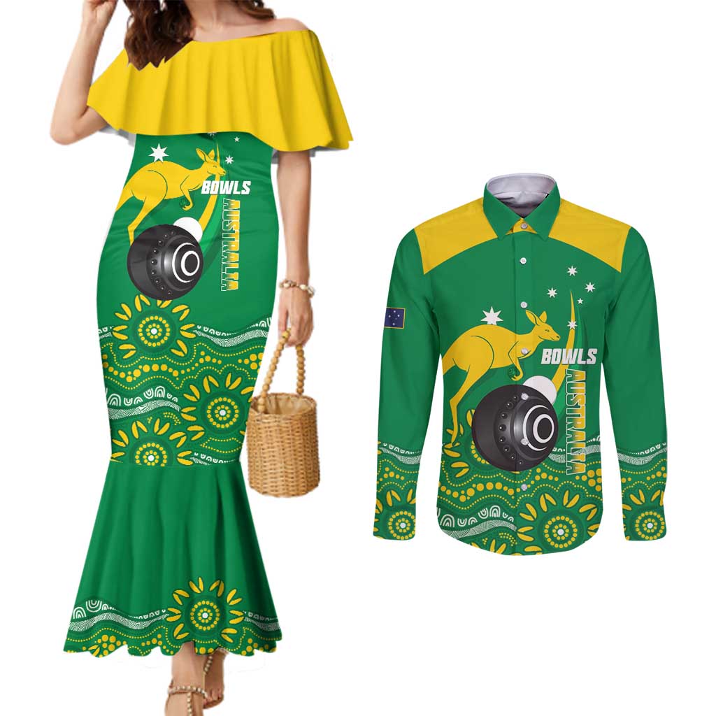 Custom Bowls Australia Couples Matching Mermaid Dress and Long Sleeve Button Shirt Aussie Kangaroo Aboriginal Art - Aussie Hoodie