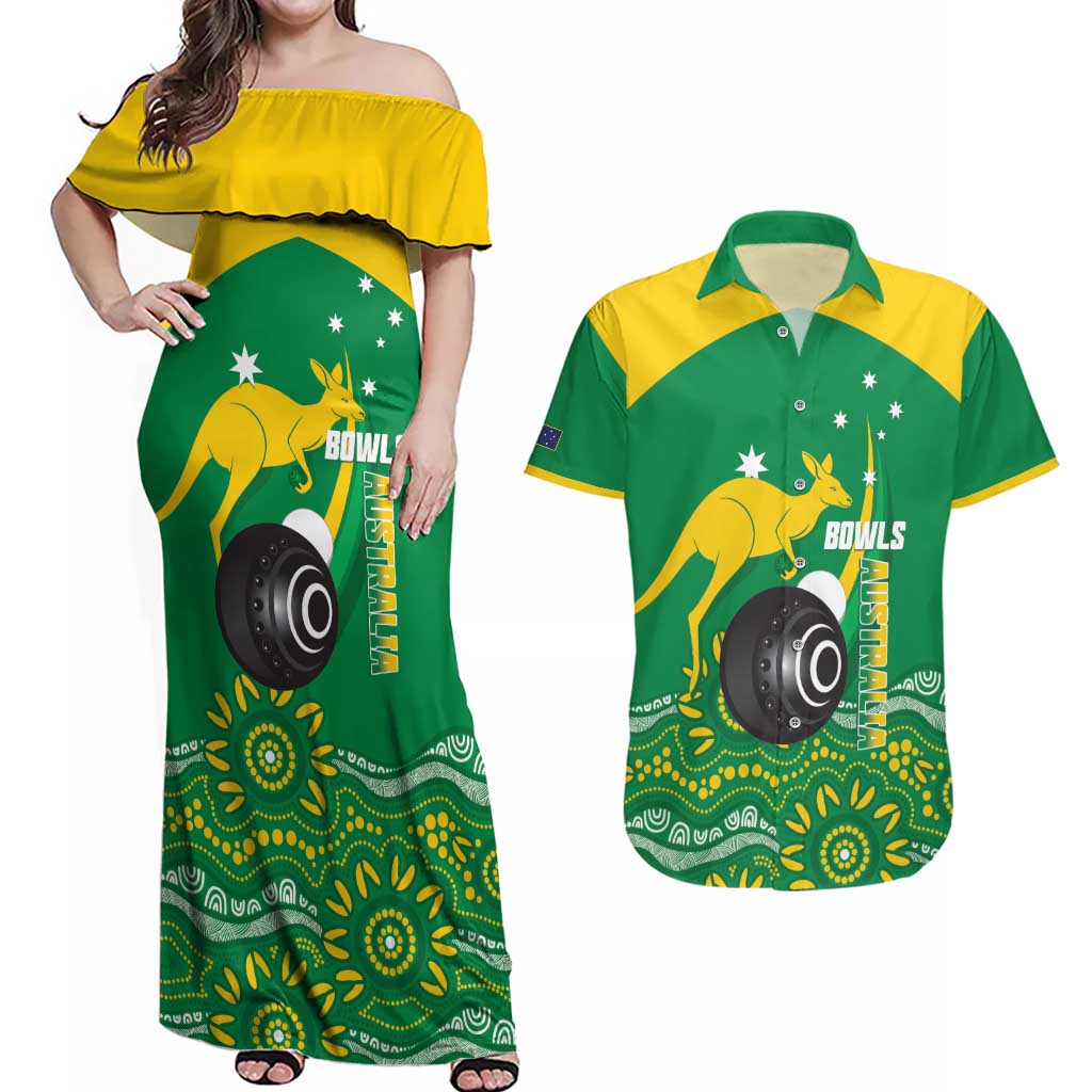 Custom Bowls Australia Couples Matching Off Shoulder Maxi Dress and Hawaiian Shirt Aussie Kangaroo Aboriginal Art - Aussie Hoodie