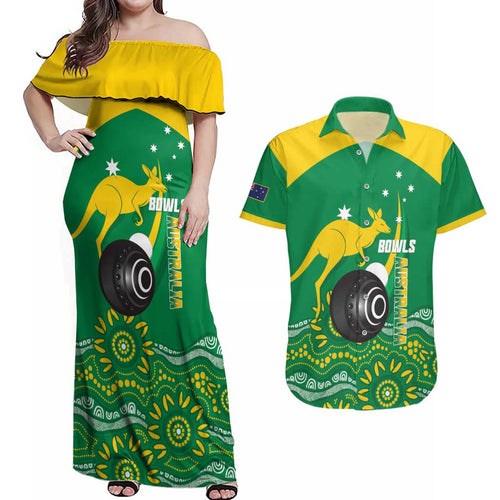 Custom Bowls Australia Couples Matching Off Shoulder Maxi Dress and Hawaiian Shirt Aussie Kangaroo Aboriginal Art - Aussie Hoodie