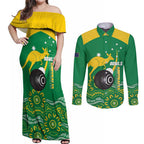 Custom Bowls Australia Couples Matching Off Shoulder Maxi Dress and Long Sleeve Button Shirt Aussie Kangaroo Aboriginal Art - Aussie Hoodie