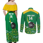 Custom Bowls Australia Couples Matching Off Shoulder Maxi Dress and Long Sleeve Button Shirt Aussie Kangaroo Aboriginal Art - Aussie Hoodie