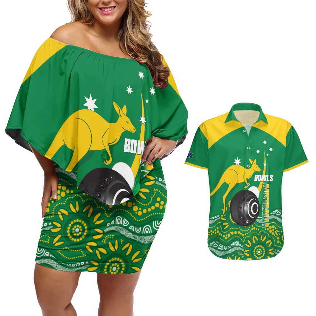 Custom Bowls Australia Couples Matching Off Shoulder Short Dress and Hawaiian Shirt Aussie Kangaroo Aboriginal Art - Aussie Hoodie
