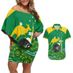 Custom Bowls Australia Couples Matching Off Shoulder Short Dress and Hawaiian Shirt Aussie Kangaroo Aboriginal Art - Aussie Hoodie