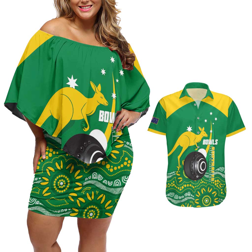 Custom Bowls Australia Couples Matching Off Shoulder Short Dress and Hawaiian Shirt Aussie Kangaroo Aboriginal Art - Aussie Hoodie