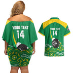 Custom Bowls Australia Couples Matching Off Shoulder Short Dress and Hawaiian Shirt Aussie Kangaroo Aboriginal Art - Aussie Hoodie
