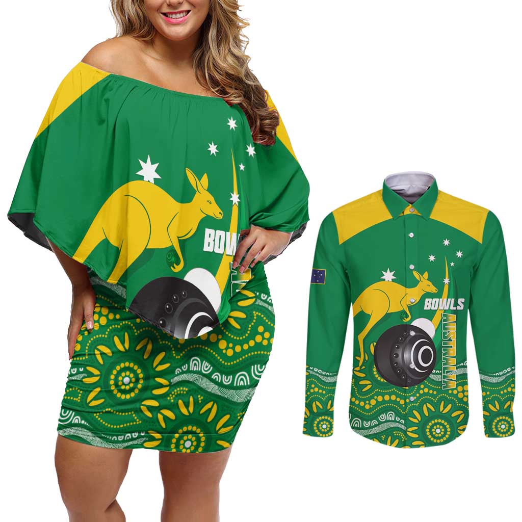 Custom Bowls Australia Couples Matching Off Shoulder Short Dress and Long Sleeve Button Shirt Aussie Kangaroo Aboriginal Art - Aussie Hoodie
