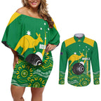 Custom Bowls Australia Couples Matching Off Shoulder Short Dress and Long Sleeve Button Shirt Aussie Kangaroo Aboriginal Art - Aussie Hoodie