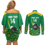 Custom Bowls Australia Couples Matching Off Shoulder Short Dress and Long Sleeve Button Shirt Aussie Kangaroo Aboriginal Art - Aussie Hoodie