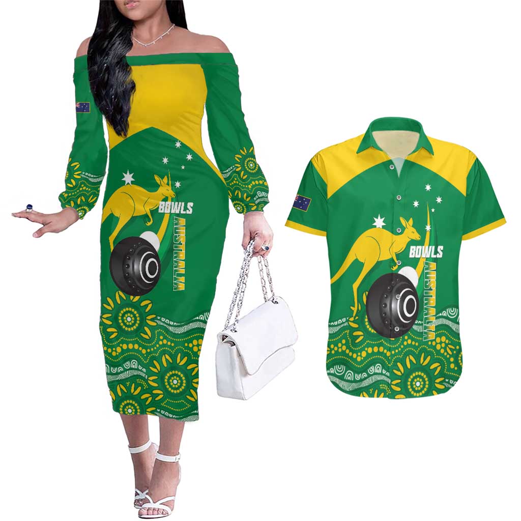 Custom Bowls Australia Couples Matching Off The Shoulder Long Sleeve Dress and Hawaiian Shirt Aussie Kangaroo Aboriginal Art - Aussie Hoodie