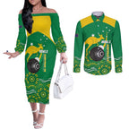 Custom Bowls Australia Couples Matching Off The Shoulder Long Sleeve Dress and Long Sleeve Button Shirt Aussie Kangaroo Aboriginal Art - Aussie Hoodie