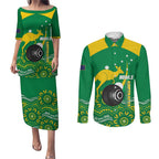 Custom Bowls Australia Couples Matching Puletasi and Long Sleeve Button Shirt Aussie Kangaroo Aboriginal Art - Aussie Hoodie