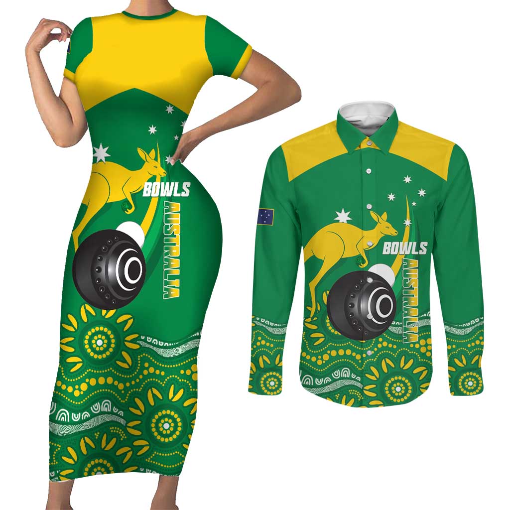 Custom Bowls Australia Couples Matching Short Sleeve Bodycon Dress and Long Sleeve Button Shirt Aussie Kangaroo Aboriginal Art - Aussie Hoodie