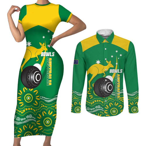 Custom Bowls Australia Couples Matching Short Sleeve Bodycon Dress and Long Sleeve Button Shirt Aussie Kangaroo Aboriginal Art - Aussie Hoodie