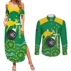 Custom Bowls Australia Couples Matching Summer Maxi Dress and Long Sleeve Button Shirt Aussie Kangaroo Aboriginal Art - Aussie Hoodie