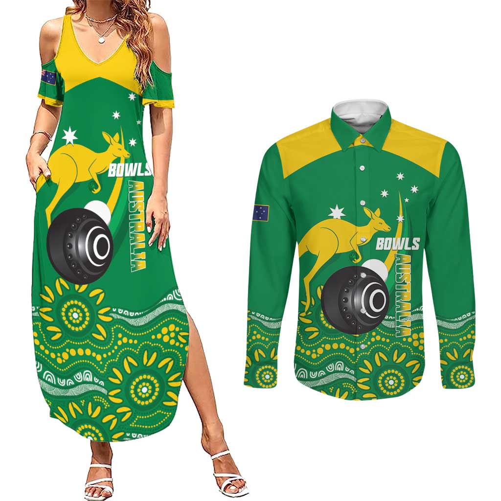 Custom Bowls Australia Couples Matching Summer Maxi Dress and Long Sleeve Button Shirt Aussie Kangaroo Aboriginal Art - Aussie Hoodie