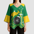 Custom Bowls Australia Kimono Sleeve Blouse Aussie Kangaroo Aboriginal Art - Aussie Hoodie