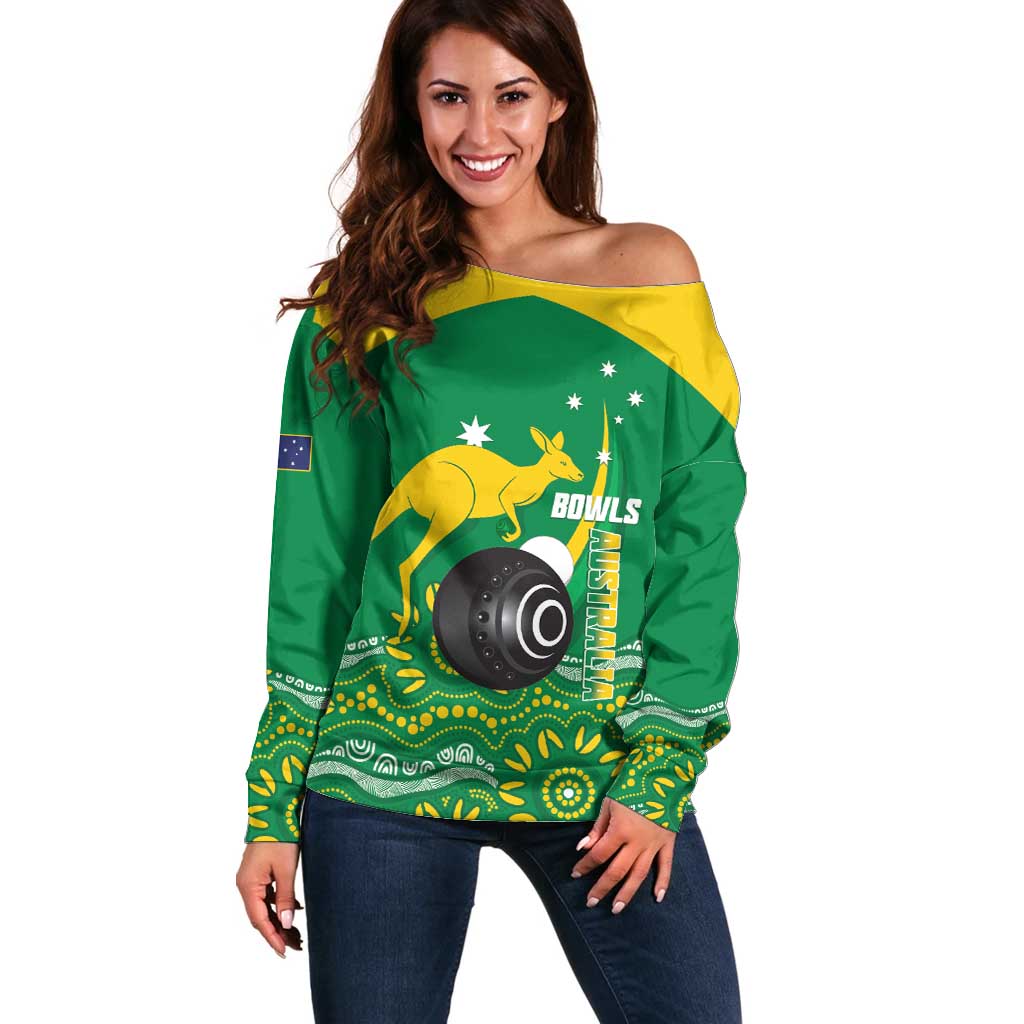 Custom Bowls Australia Off Shoulder Sweater Aussie Kangaroo Aboriginal Art - Aussie Hoodie
