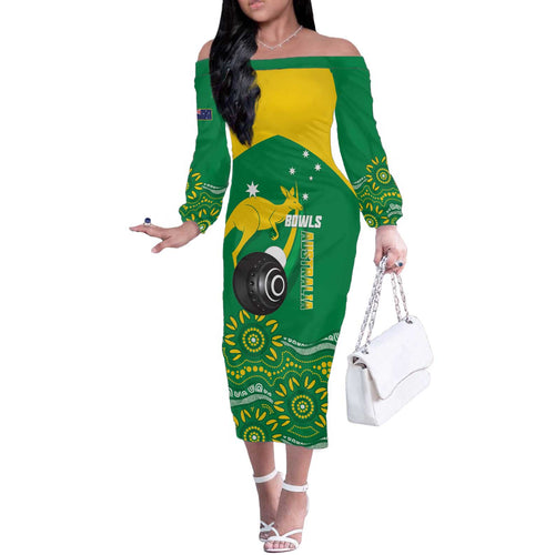 Custom Bowls Australia Off The Shoulder Long Sleeve Dress Aussie Kangaroo Aboriginal Art - Aussie Hoodie