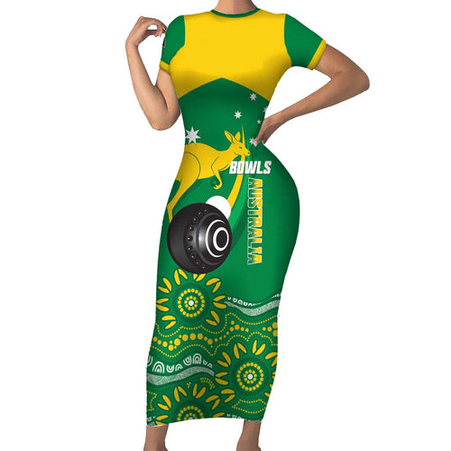 Custom Bowls Australia Short Sleeve Bodycon Dress Aussie Kangaroo Aboriginal Art - Aussie Hoodie